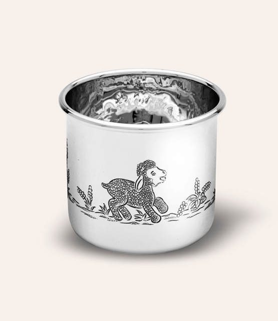 LARGE TRADITIONAL BABY CUP WITH HAND CHASED LAMBS DESIGN