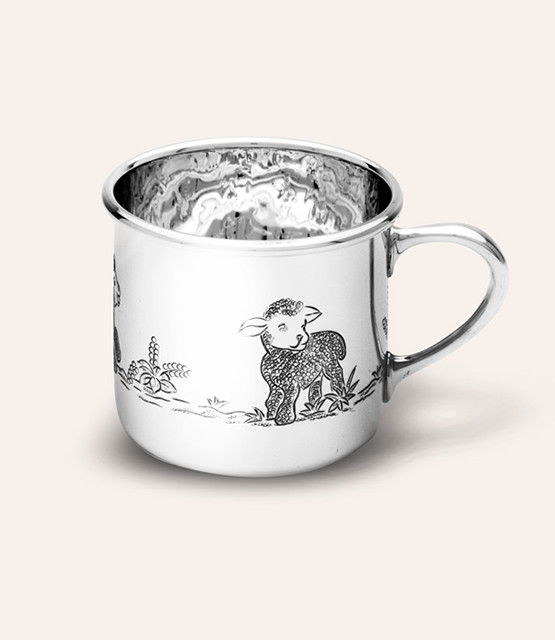 LARGE TRADITIONAL BABY CUP WITH HAND CHASED LAMBS DESIGN