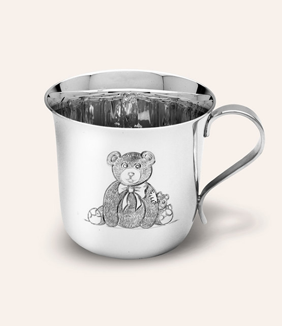 STERLING SILVER FLARE BABY CUP WITH HAND CHASED TEDDY BEAR